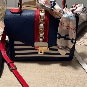 Aldo Navy and Red Crossbody Bag with Gold Accents